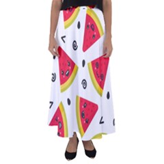 Cute Smiling Watermelon Seamless Pattern White Background Flared Maxi Skirt by Nexatart