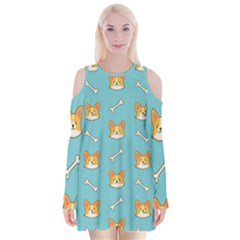 Cute Corgi Dog Face Pattern Velvet Long Sleeve Shoulder Cutout Dress by Nexatart