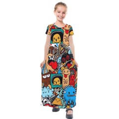 Abstract Grunge Urban Pattern With Monster Character Super Drawing Graffiti Style Kids  Short Sleeve Maxi Dress by Nexatart