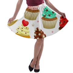 Seamless Pattern Yummy Colored Cupcakes A-line Skater Skirt by Nexatart