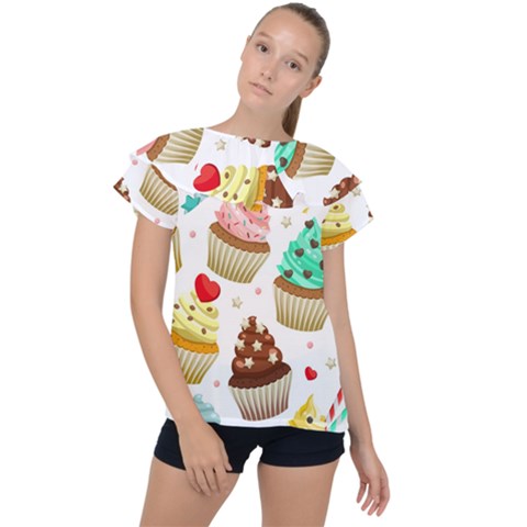 Seamless Pattern Yummy Colored Cupcakes Ruffle Collar Chiffon Blouse by Nexatart