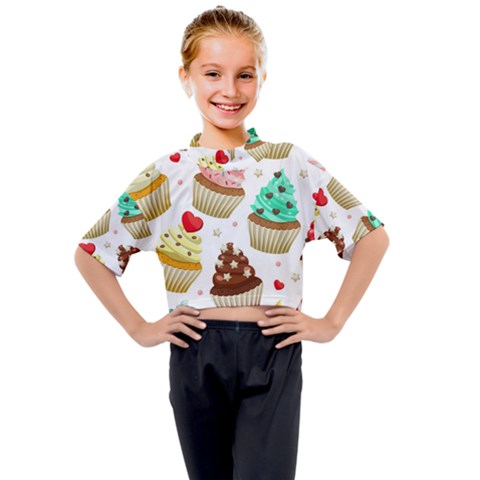 Seamless Pattern Yummy Colored Cupcakes Kids Mock Neck Tee by Nexatart