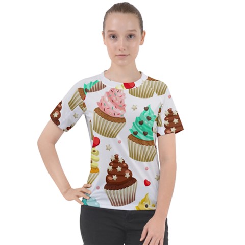 Seamless Pattern Yummy Colored Cupcakes Women s Sport Raglan Tee by Nexatart