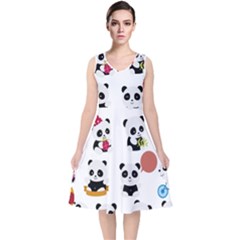 Playing Pandas Cartoons V-neck Midi Sleeveless Dress  by Vaneshart