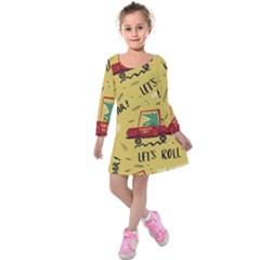 Childish Seamless Pattern With Dino Driver Kids  Long Sleeve Velvet Dress by Vaneshart