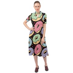 Colorful Donut Seamless Pattern On Black Vector Keyhole Neckline Chiffon Dress by Sobalvarro