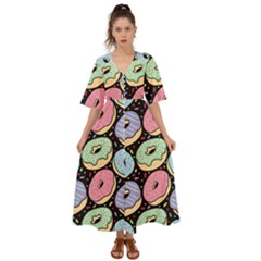 Colorful Donut Seamless Pattern On Black Vector Kimono Sleeve Boho Dress by Sobalvarro