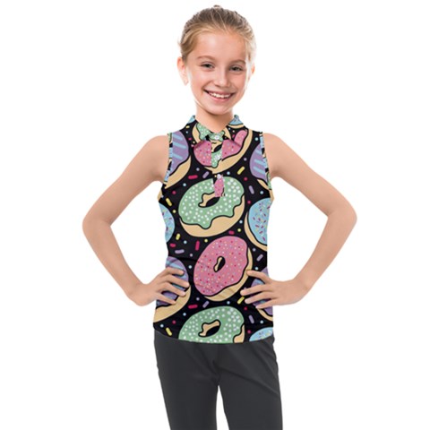 Colorful Donut Seamless Pattern On Black Vector Kids  Sleeveless Polo Tee by Sobalvarro