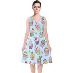 Cupcake Doodle Pattern V-neck Midi Sleeveless Dress  by Sobalvarro