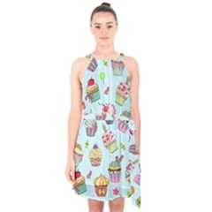 Cupcake Doodle Pattern Halter Collar Waist Tie Chiffon Dress by Sobalvarro