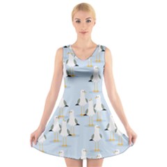 Cute Seagulls Seamless Pattern Light Blue Background V-neck Sleeveless Dress by Wegoenart