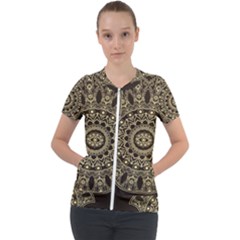 Hamsa Hand Drawn Symbol With Flower Decorative Pattern Short Sleeve Zip Up Jacket by Wegoenart