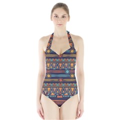 Bohemian Ethnic Seamless Pattern With Tribal Stripes Halter Swimsuit by Wegoenart