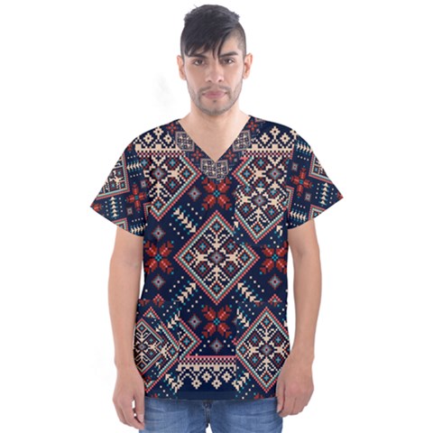 Ukrainian Folk Seamless Pattern Ornament Men s V-neck Scrub Top by Wegoenart