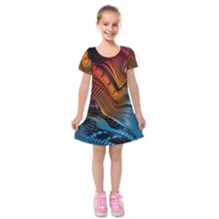 3d Rainbow Choas Kids  Short Sleeve Velvet Dress by Sparkle