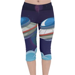 Ufo Alien Spaceship Galaxy Velvet Capri Leggings  by Vaneshart