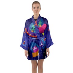 Cartoon Funny Aliens With Ufo Duck Starry Sky Set Long Sleeve Satin Kimono by Vaneshart