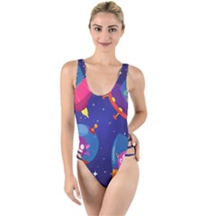 Cartoon Funny Aliens With Ufo Duck Starry Sky Set High Leg Strappy Swimsuit by Vaneshart