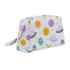 Seamless Pattern Cartoon Space Planets Isolated White Background Wristlet Pouch Bag (medium) by Vaneshart