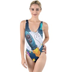 Spaceship Astronaut Space High Leg Strappy Swimsuit by Vaneshart