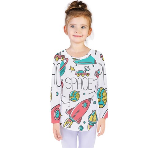 Space Cosmos Seamless Pattern Seamless Pattern Doodle Style Kids  Long Sleeve Tee by Vaneshart