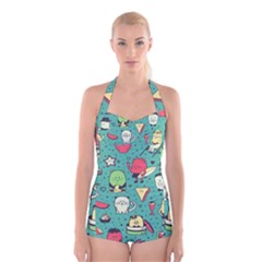 Seamless Pattern With Funny Monsters Cartoon Hand Drawn Characters Unusual Creatures Boyleg Halter Swimsuit  by Vaneshart