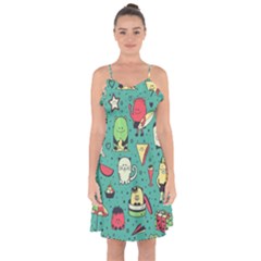 Seamless Pattern With Funny Monsters Cartoon Hand Drawn Characters Unusual Creatures Ruffle Detail Chiffon Dress by Vaneshart