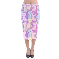 Colorful Cute Cat Seamless Pattern Purple Background Velvet Midi Pencil Skirt by Vaneshart