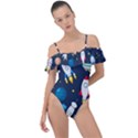 Big Set Cute Astronauts Space Planets Stars Aliens Rockets Ufo Constellations Satellite Moon Rover V Frill Detail One Piece Swimsuit View1