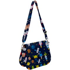 Big Set Cute Astronauts Space Planets Stars Aliens Rockets Ufo Constellations Satellite Moon Rover V Saddle Handbag by Vaneshart