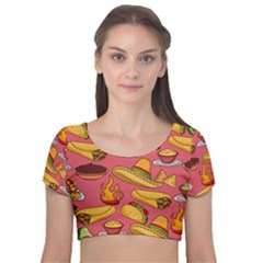 Seamless Pattern Mexican Food Hat Traditional Velvet Short Sleeve Crop Top  by Vaneshart