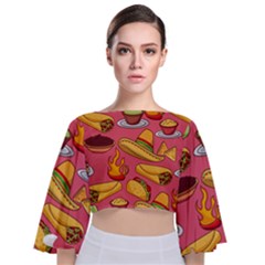 Seamless Pattern Mexican Food Hat Traditional Tie Back Butterfly Sleeve Chiffon Top by Vaneshart