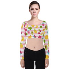 Tropical Fruits Berries Seamless Pattern Velvet Long Sleeve Crop Top by Vaneshart