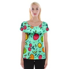 Various Fruits With Faces Seamless Pattern Cap Sleeve Top by Vaneshart