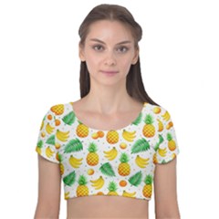 Tropical Fruits Pattern Velvet Short Sleeve Crop Top  by Vaneshart