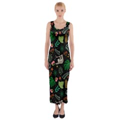 Floral Pattern With Plants Sloth Flowers Black Backdrop Fitted Maxi Dress by Vaneshart