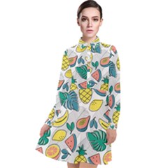 Seamless Pattern Tropical Fruit Banana Watermelon Papaya Lemon Orange Monstera Long Sleeve Chiffon Shirt Dress by Vaneshart