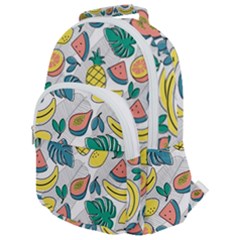 Seamless Pattern Tropical Fruit Banana Watermelon Papaya Lemon Orange Monstera Rounded Multi Pocket Backpack by Vaneshart