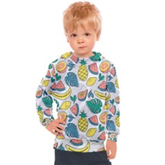 Seamless Pattern Tropical Fruit Banana Watermelon Papaya Lemon Orange Monstera Kids  Hooded Pullover by Vaneshart