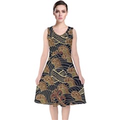 Oriental Traditional Seamless Pattern Dragon V-neck Midi Sleeveless Dress  by Vaneshart