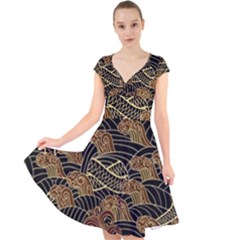 Oriental Traditional Seamless Pattern Dragon Cap Sleeve Front Wrap Midi Dress by Vaneshart