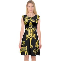 Mexican Culture Golden Tribal Icons Capsleeve Midi Dress by Vaneshart