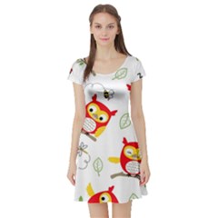 Seamless Pattern Vector Owl Cartoon With Bugs Short Sleeve Skater Dress by Vaneshart