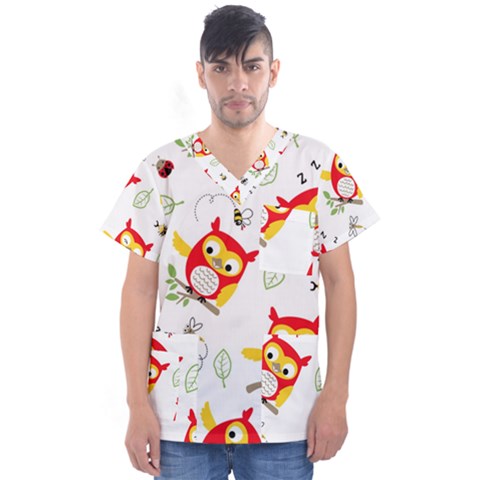 Seamless Pattern Vector Owl Cartoon With Bugs Men s V-neck Scrub Top by Vaneshart