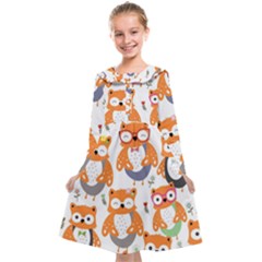 Cute Colorful Owl Cartoon Seamless Pattern Kids  Midi Sailor Dress