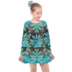 Blue Florals As A Ornate Contemplative Collage Kids  Long Sleeve Dress by pepitasart