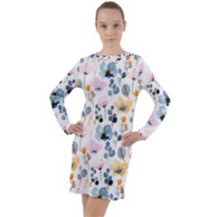 Watercolor Floral Seamless Pattern Long Sleeve Hoodie Dress by TastefulDesigns