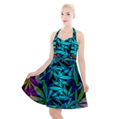 420 Ganja Pattern, Weed Leafs, Marihujana In Colors Halter Party Swing Dress  by Casemiro