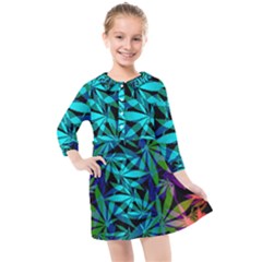 420 Ganja Pattern, Weed Leafs, Marihujana In Colors Kids  Quarter Sleeve Shirt Dress by Casemiro