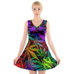 Ganja In Rainbow Colors, Weed Pattern, Marihujana Theme V-neck Sleeveless Dress by Casemiro